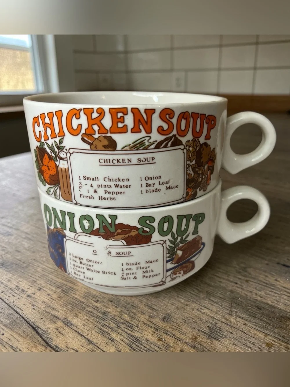 Vintage 1970’s Chicken Soup and Onion Soup Stackable Soup Mugs - Set of 2